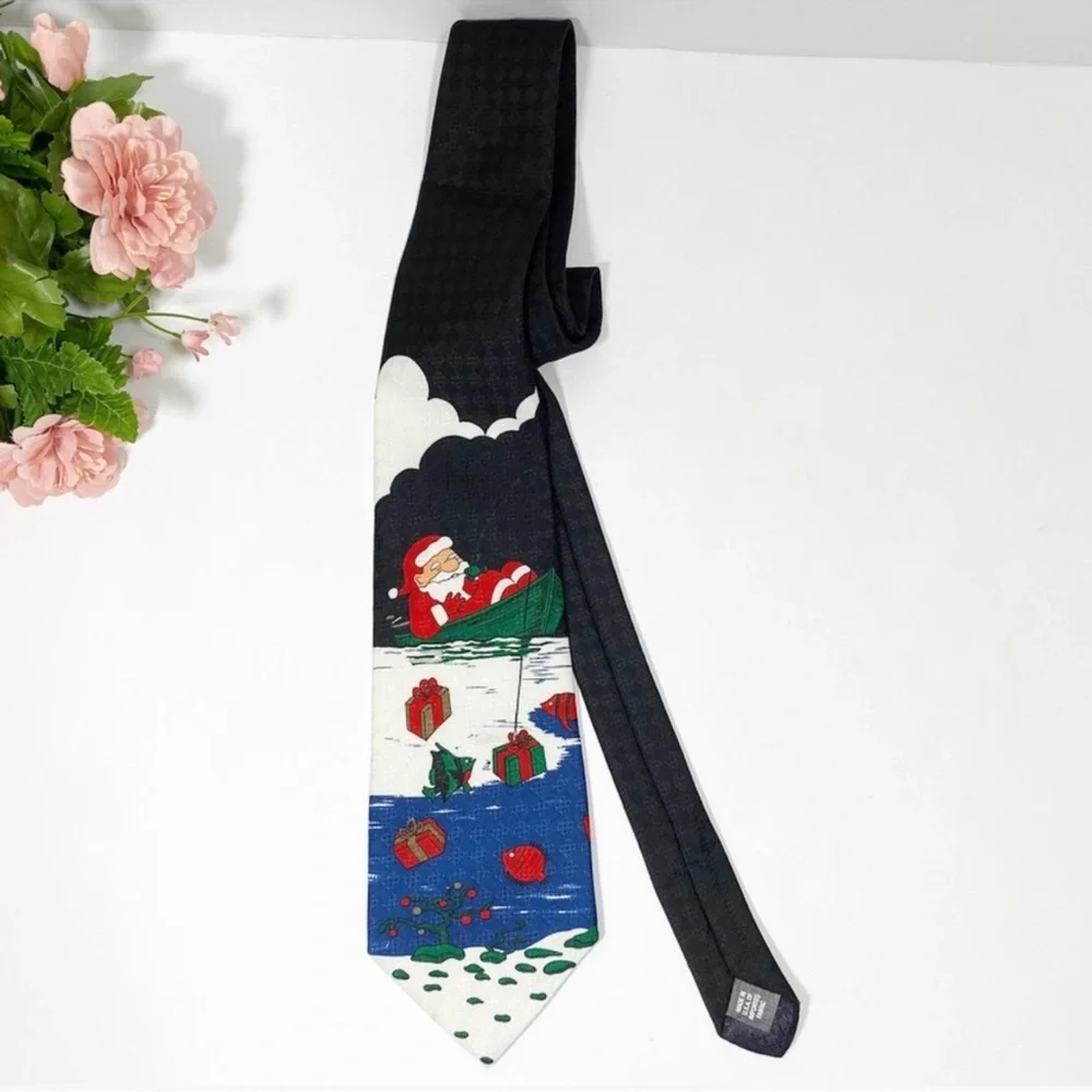 Vintage Hallmark Santa Fishing Presents Black Necktie